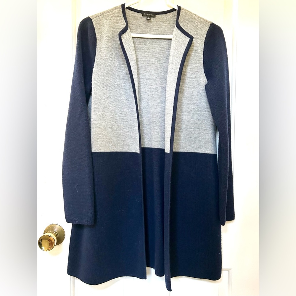 Talbots Sz M Navy & Grey Mid Thigh Sweater Jacket